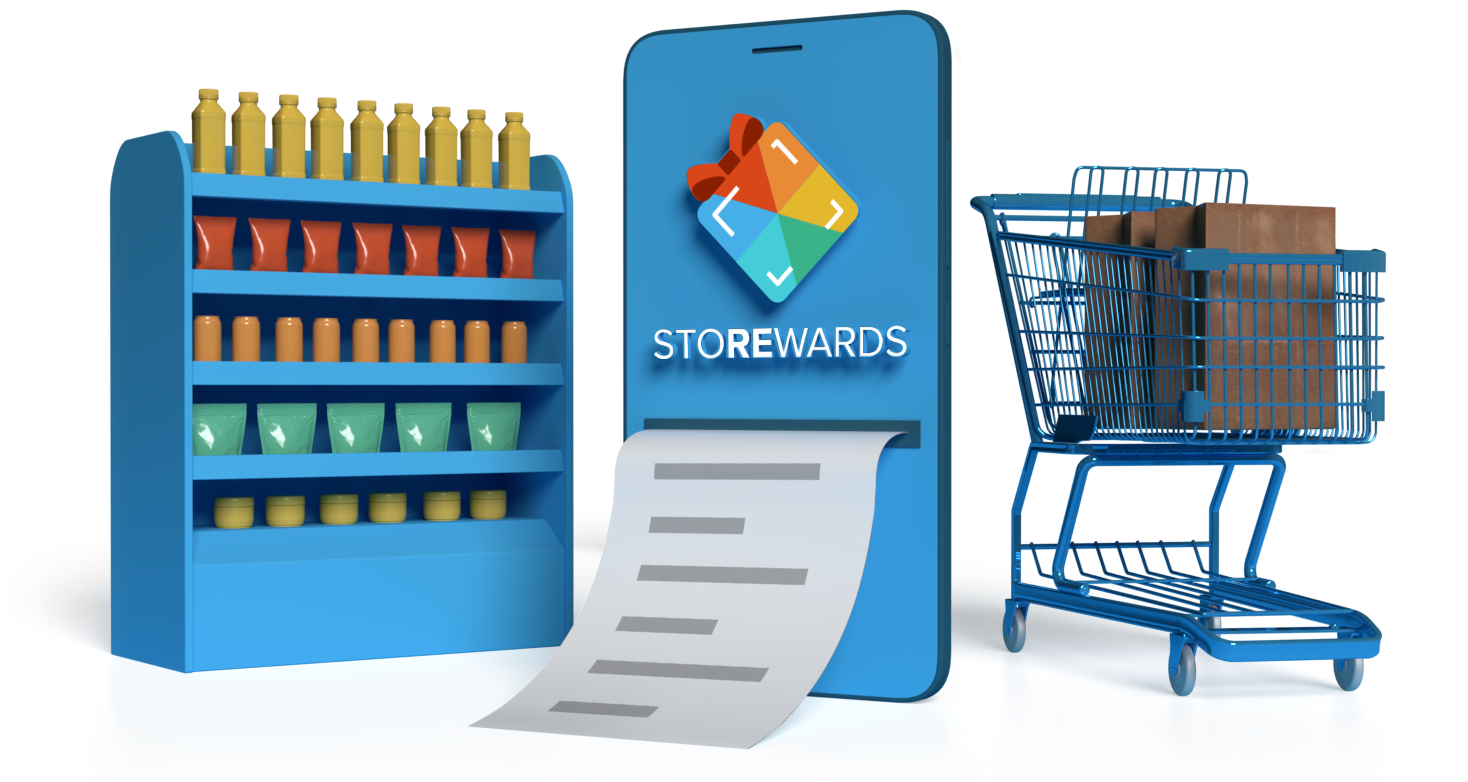 3D rendering of stocked shelf, iPhone, and shopping cart